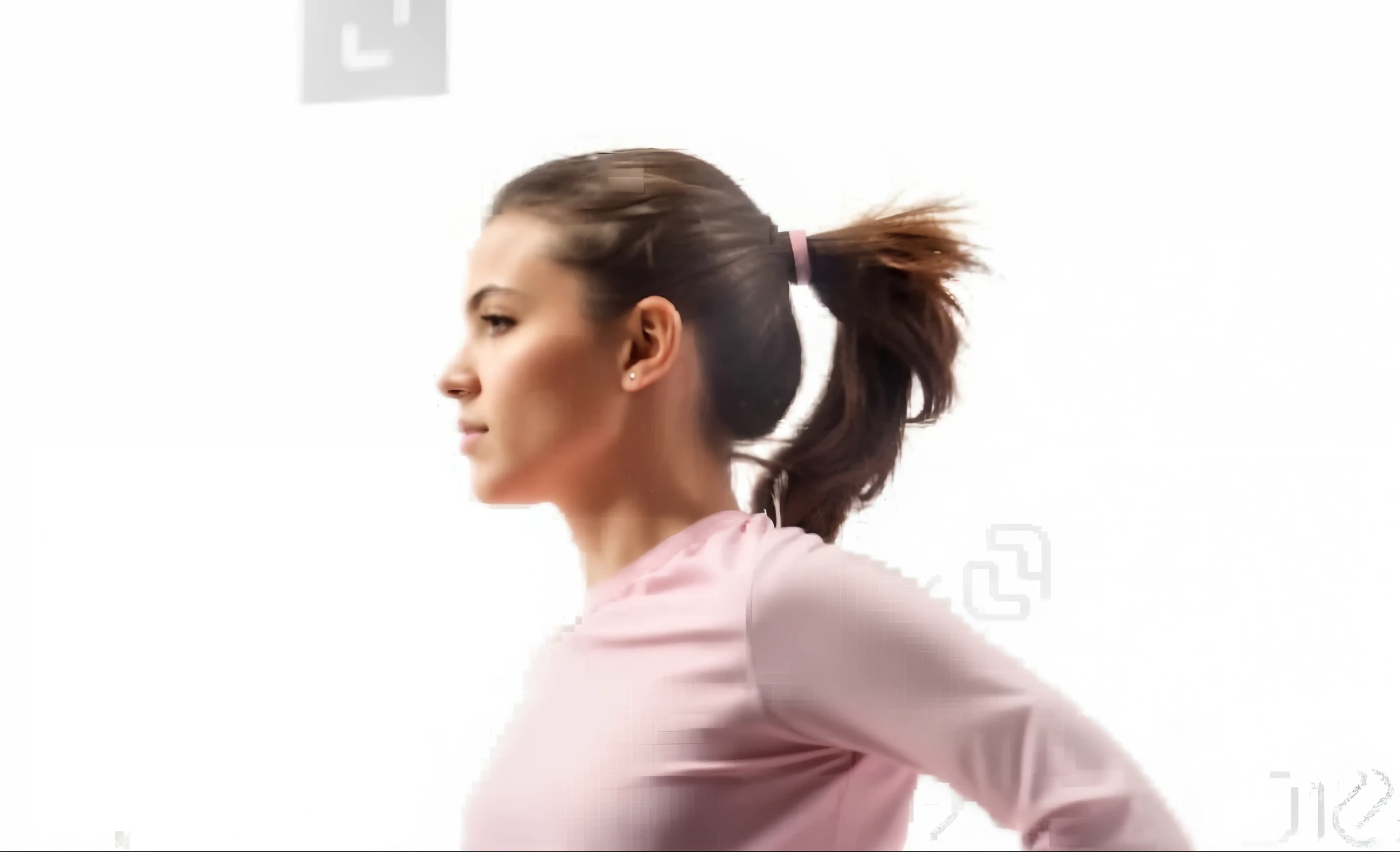 Woman wearing pink shirt and black pants holding tennis racket, ponytail reaching waist, dynamic active running pose, running pose, hunchback, pony tails, Side profile waist up portrait, hair tied up in a pony tail, Side profile centered portrait, Centered shoulder-up view, Side posture, Personal data composition, haggard side view, hair tied up in a pony tail, Authentic images