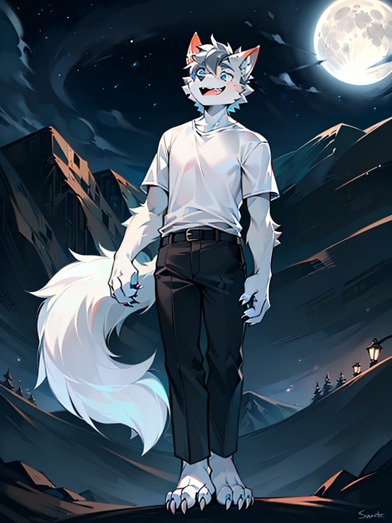 (single person:1.3), wolf orc, spotless, male, (adult:1.05), (tall:1.3), dark gray fur on the back, short hair, wolf ears, light gray ear roots, light red ear tips, concave right ear, deep blue pupils, furry wolf tail, dark gray tail roots, white tail tips, dark gray big arms, white small arms, (4 limbs wolf sharp white claws:1.1), (4 white fingers:1.1), (4 white toes:1.1), (A white shirt with short sleeves:1.5), black trousers, standing, laughing with open mouth, look up to the sky, outdoor, night, dark sky, (distant mountain:1.2), (modern city:1.2), (streetlights:1.05), (dark sky:1.3), (full moon:1.3), close-up, full body, view of left side, best quality, excellent masterpiece, clear lines, background of details, (extremely detailed characters:1.2)