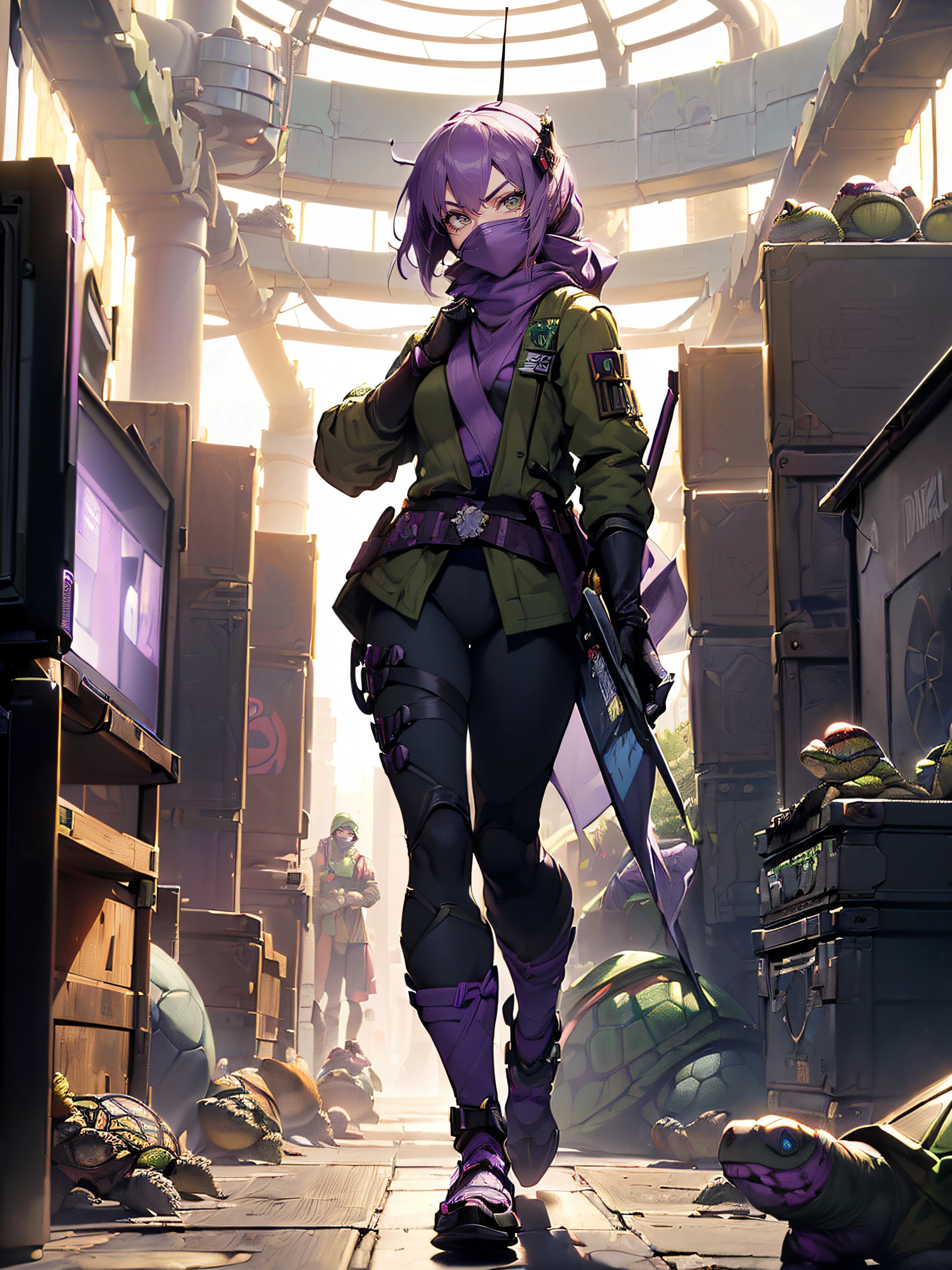 A female Teenage Mutant Ninja Turtle:1.5, (A female Teenage Mutant Ninja Turtle:1.4), (a humanoid turtle who is trained in ninjutsu:1.3), (having a purple bandana and wielding a naginata:1.3), (the fifth member and the only girl of the team:1.3), (named after a Renaissance artist:1.3), (her name is Donatella:1.4), (the smartest and the most tech-savvy of the group:1.4), (often inventing gadgets and hacking devices:1.4), (having a crush on Donatello, her male counterpart:1.3), (being friendly and optimistic, but also sarcastic and witty:1.3), (a close friend of April O’Neil, a human reporter who helps the turtles:1.4), (a full-body shot of her standing in her lair, surrounded by computers and machines:1.4)