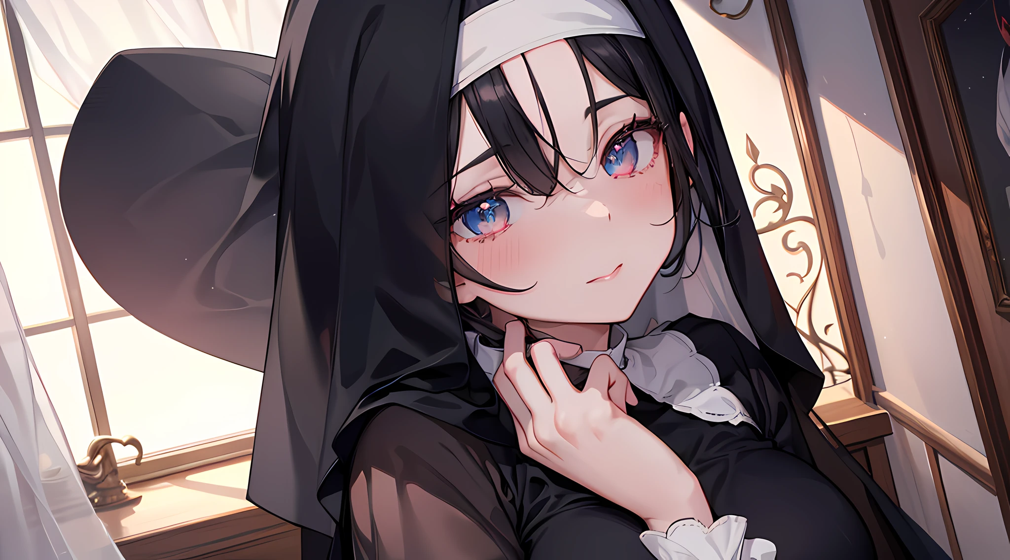 2 nun posing for a picture in bedroom, (black hair, red eye color), blushed face, nun outfit, big breast, (kiss:1.4), (french kiss), blush, (groping), hands on chest, sisters, girl, touching breasts, a picture by void_0, pixiv, anime girls, seductive smile, licking her own lips, (beautiful detailed eyes:1.6), extremely detailed face, perfect lighting, extremely detailed CG, (perfect hands, perfect anatomy).