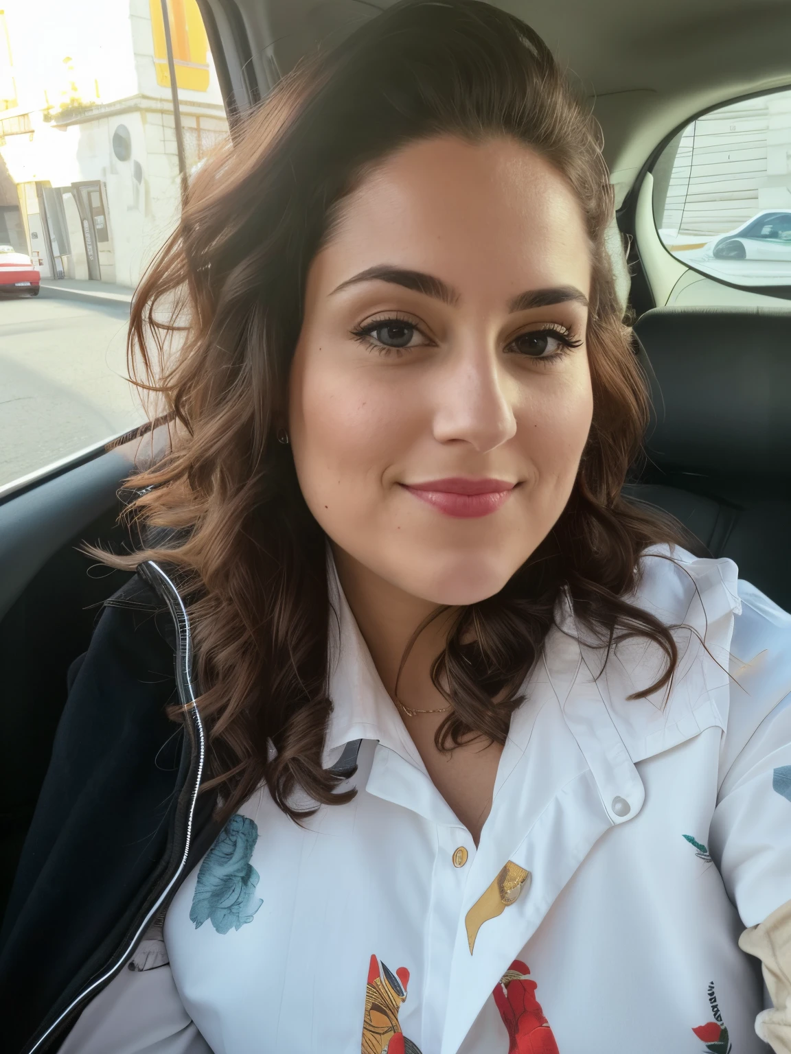 there is a woman sitting in a car with a plate of food, selfie of a young woman, sitting in her car, italian looking emma, taken in the early 2020s, 30-year-old french woman, justina blakeney, headshot profile picture, with professional makeup, wearing professional makeup, 1 / 2 headshot, 8k selfie photograph