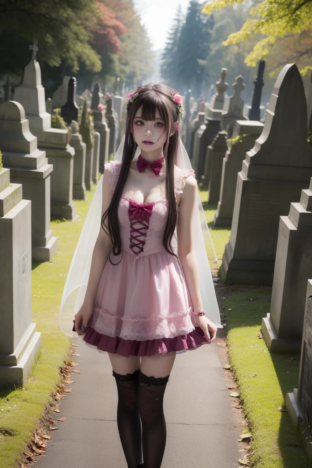 Female idol covered in zombies、full body Esbian、Zombie fairytale fashion、fairy tale cemetery、Pink blood