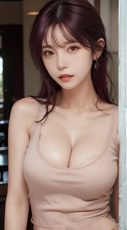 Gray eyes,Maroon hair,eyeshadows,Slender eyes,masutepiece, Best Quality, Photorealsitic, finely detail, hight resolution, 8K Wallpapers, Perfect dynamic composition, foco nítido, A hyper-realistic, Beautiful detailed eyes, Medium Hair, large full breasts, Random and sexy poses, Bring your chest together, (Pink Tight O-Neck Knit Tank Top, wide open cleavage:1.4, High-cut panties), ((Breast bulge:1.2,(Emphasizes cleavage, Tank top with a clear view of the chest:1.3)), A smile, open open mouth, Resort scenery, 25-years old, (drooing eyes:1.4), Adult beauty, japanes, Simple Chain Necklace, large earring, Shooting from front