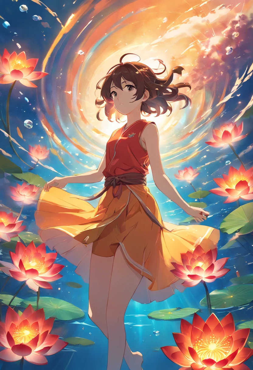 open mind, Red shades from orange to gold. About the rainbow lotus, And float on transparency, Transparent water, Golden gradient background with light transparency. Golden energy flows out of the flower core.