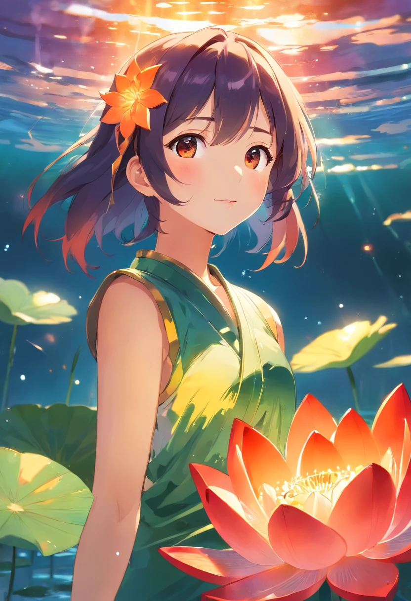 open mind, Red shades from orange to gold. About the rainbow lotus, And float on transparency, Transparent water, Golden gradient background with light transparency. Golden energy flows out of the flower core.