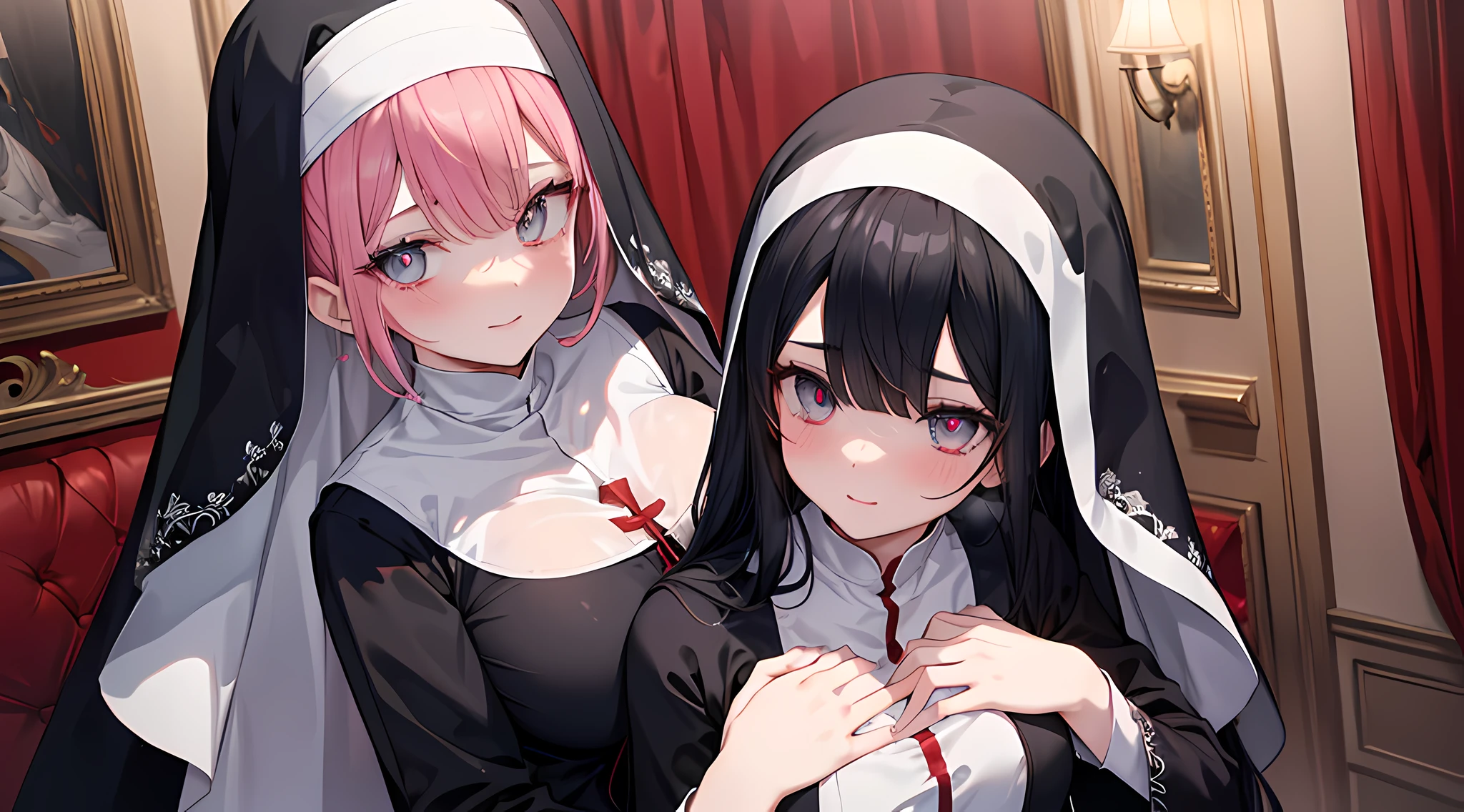 2 nun posing for a picture in bedroom, (black hair, red eye color), blushed face, nun outfit, big breast, (groping), hands on chest, sisters, girl, touching breasts, a picture by void_0, pixiv, anime girls, seductive smile, licking her own lips, (beautiful detailed eyes:1.6), extremely detailed face, perfect lighting, extremely detailed CG, (perfect hands, perfect anatomy).