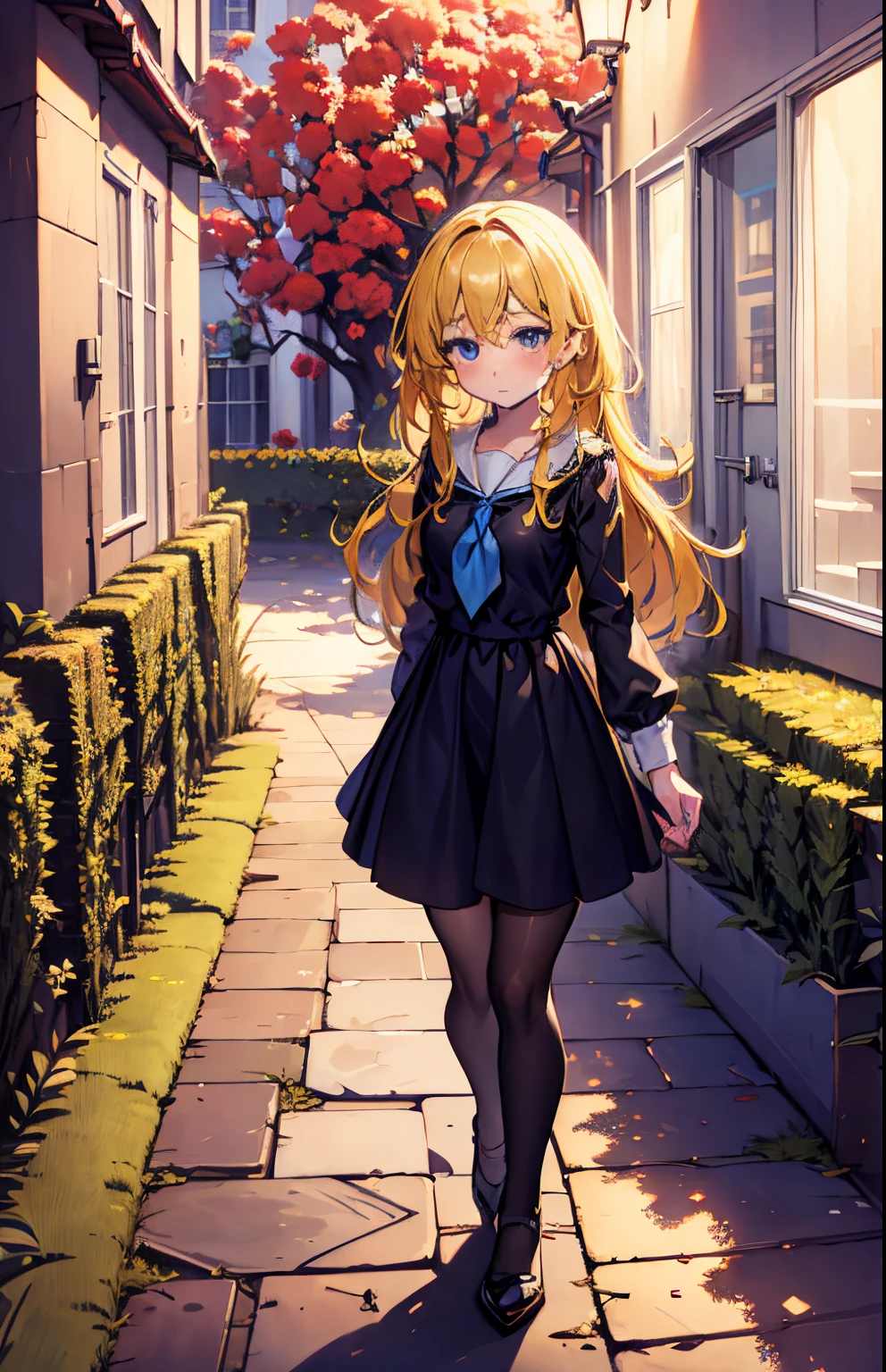 masterpiece,best quality,highly detailed,masterpiece, the anime, anime girl, Anime style, (blue neckerchief), 1girl, yellow hair, darkgreen cloth, long dress blue eyes, (in full height), tights, (shoes), flowers, magic forest, magic trees, night, crumpled weave, bright lush leaves fillet leaves, Border on fabric, roses, Roses in the garden, garden, A Distant Garden, road, path, the trees, Lush Flowers, autumn, Night in town, modern town, Wet weather, dark night, wet grass, autumn leaves, big trees, Urban lawn, Large Soviet Houses, city lights, City Lighting at Night, tall trees, City Square, intricate details, ultra detailed, rim lighting, side lighting, cinematic light, Tulla town in Russia, Tula town in Russia