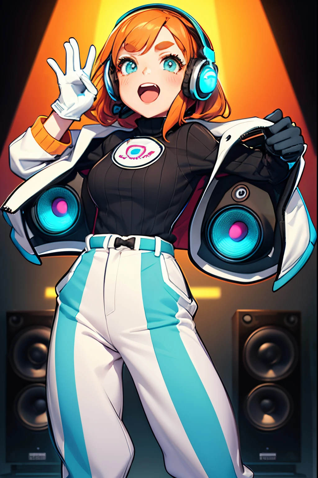 A age woman, headphones, short orange hair, big eyebrows, cyan eyes, wears a black sweater with a speaker on the chest. wears a white and cyan jacket with speakers inside it. Wear gloves with speakers on your palms