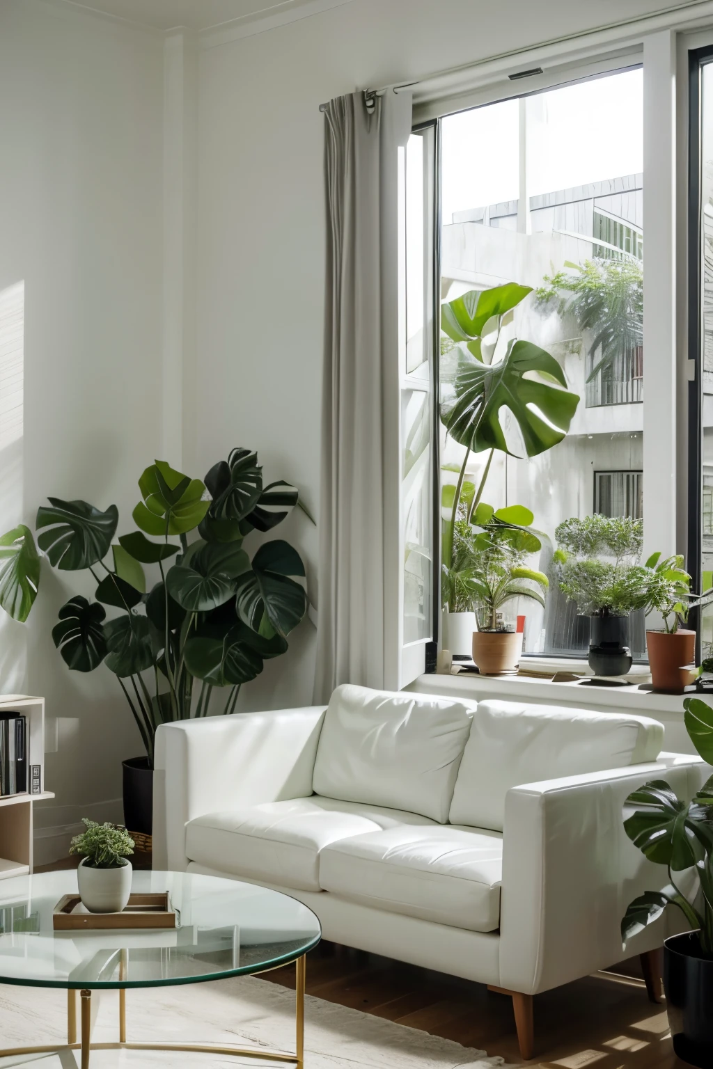 Modern interior design living room、white walls、Indoor Green、Monstera,A lot of greens