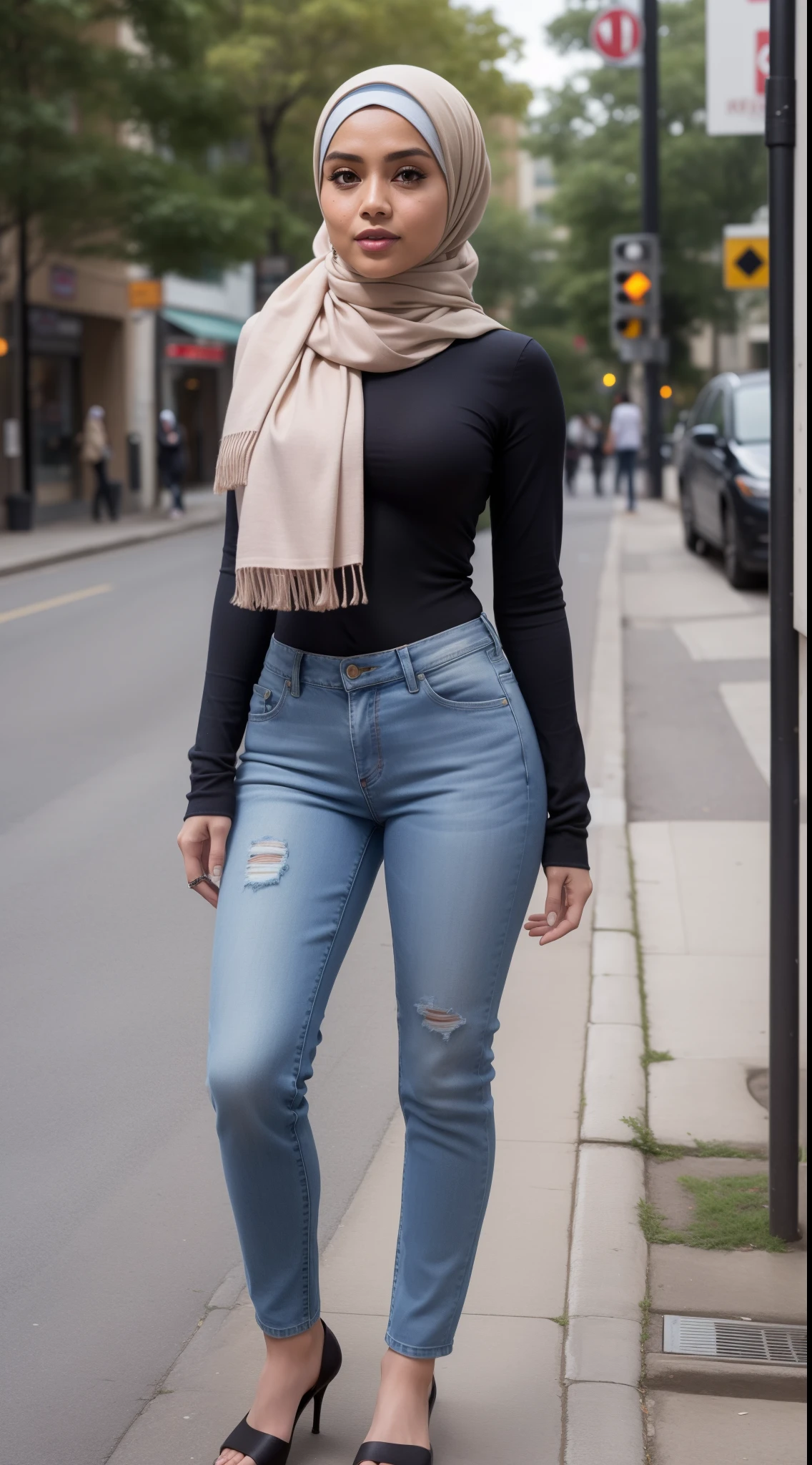 RAW, Best quality, high resolution, masterpiece: 1.3), beautiful Malay woman in hijab (iu:0.8),wearing a scarf and jeans standing on a sidewalk, full body picture, wearing jeans, casual clothes, student, photo of slim girl, jeans, casual pose, full body pictures, wearing casual clothes, skinny waist and thick hips, hijab, wearing casual clothing, ( ( ( wearing jeans ) ) ), women full body, full body in camera, big breast, leaked image