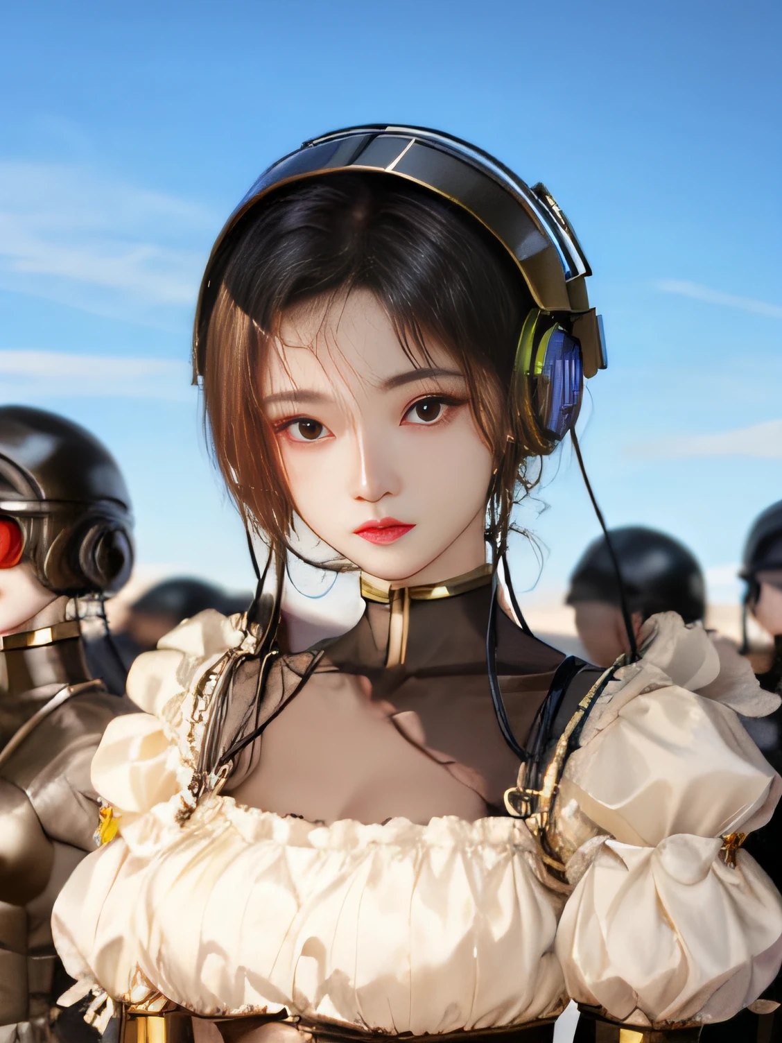 A woman wearing a helmet stands in front of a group of mannequins, Ju Jingyi Cyberpunk Art, Computer Graphics Society, retro-futurism, daz 3d, PS1 Graphics, dystopian art