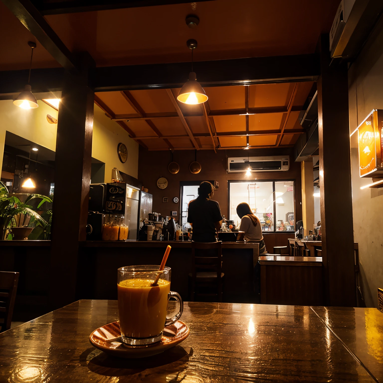 Indonesian coffeeshop with street view in sunset, a glass of orange juice, indoor, table