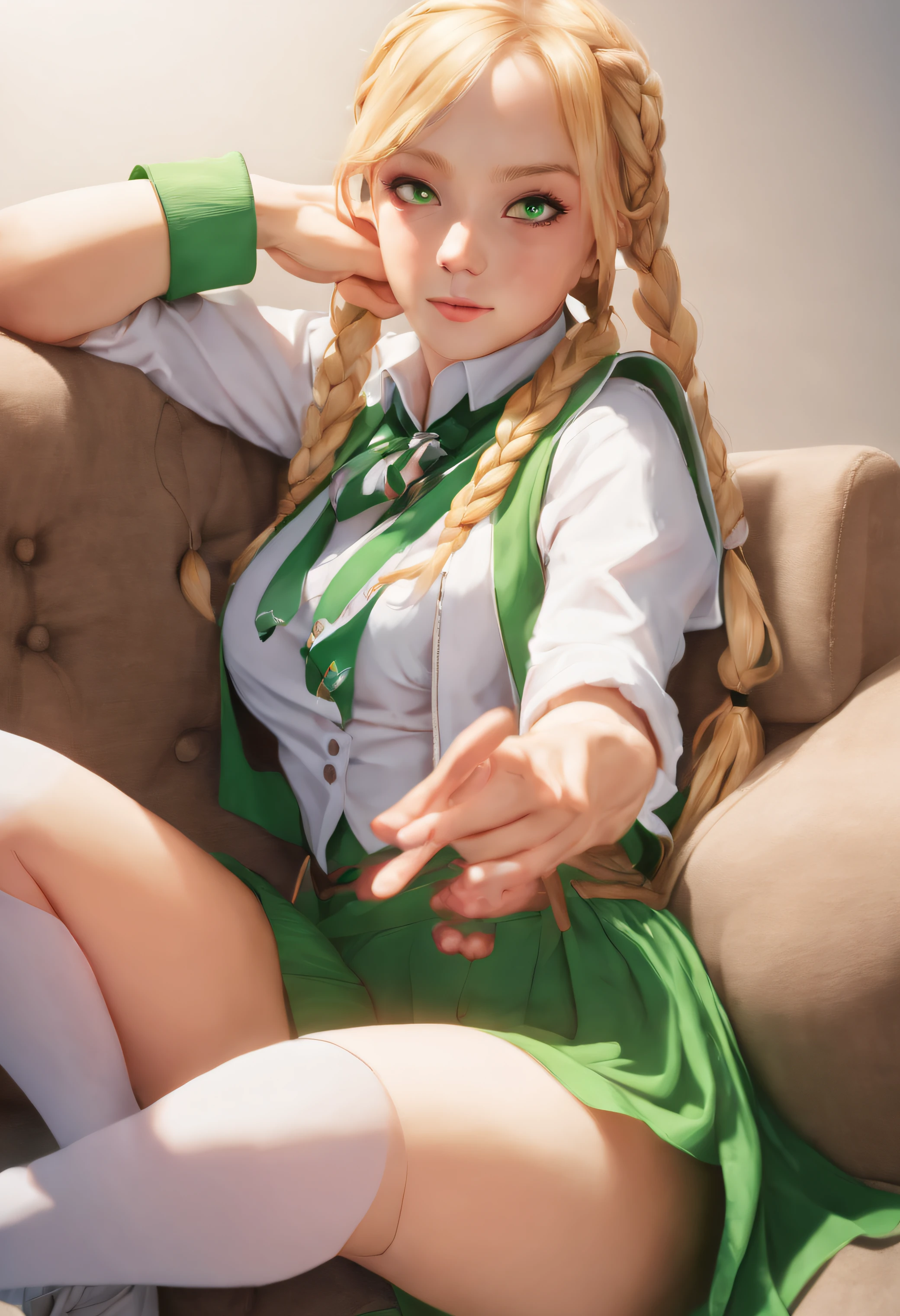 18 year old Skinny girl laying down on couch, ((smug expression)) (add_detail:1), small head, 1girl, blonde braids, green neckscarf, white vest, green skirt, white elbow gloves, white thigh high socks, white eyes, , dramatic lighting, shadmanv1, chubby belly, finger in navel