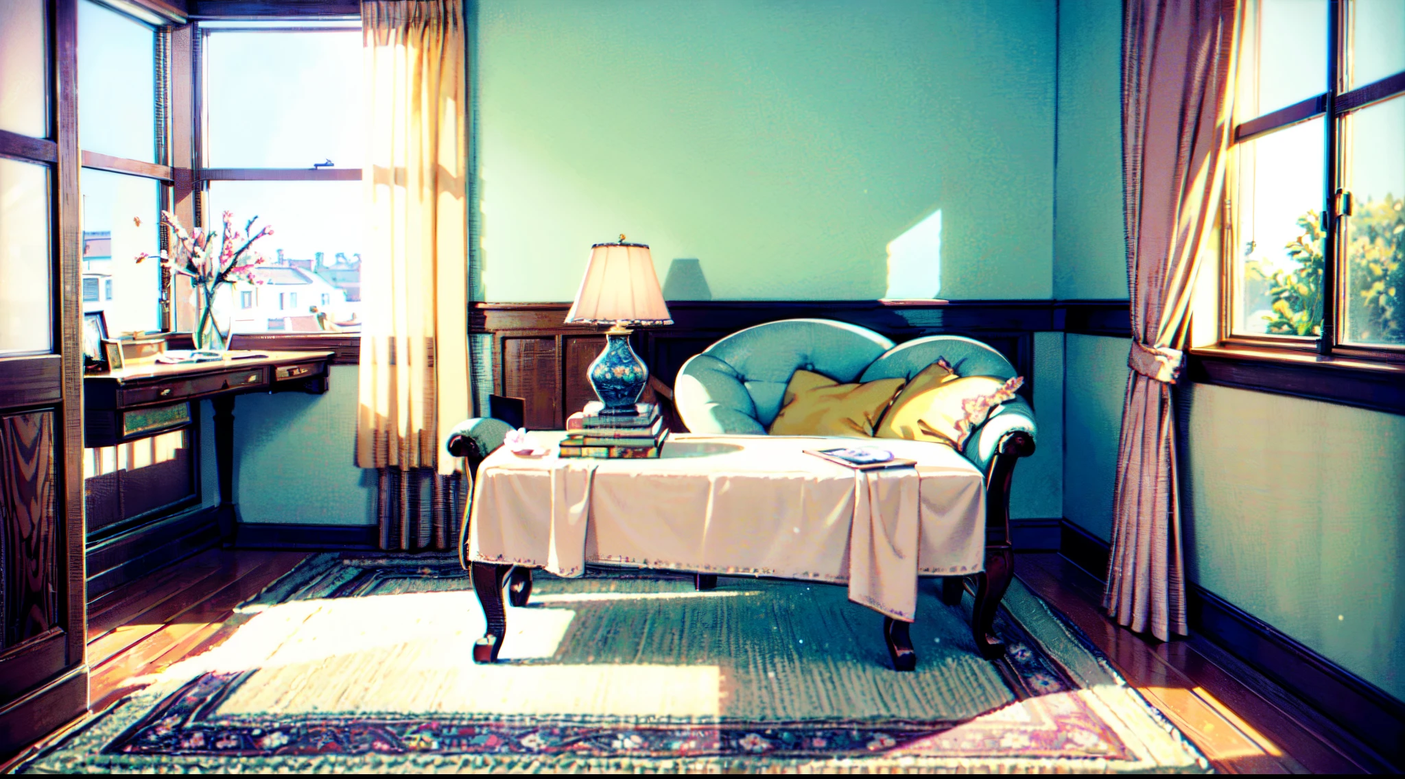 (best quality,4k,8k,highres,masterpiece:1.2),ultra-detailed,realistic:1.37,girl's room,sunshine through the window,curtains flowing gently,girl sitting by the window and reading a book,soft sunlight illuminating the room,dreamy atmosphere,colorful paintings on the walls,cozy and comfortable furniture,bookshelf filled with books and decorative items,soft carpet on the floor,warm pastel color tones,beautifully patterned wallpaper,vintage desk with a delicate lamp,flower pots on the windowsill,quiet and peaceful ambiance,reflective surfaces adding depth,girl's natural curly hair flowing,delicate floral patterns on the curtains,subtle shadows and highlights creating depth,soft natural lighting illuminating the girl's face,peaceful and serene atmosphere