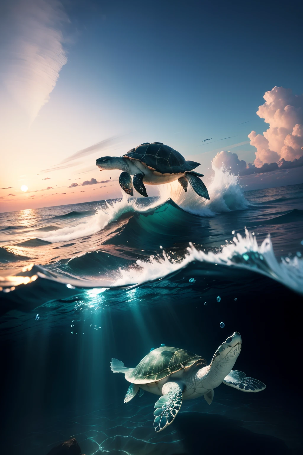 a big ocean with a giant turtle swimming in it,deep blue sea,waves crashing against the shore,sparkling water,soft sunlight reflecting on the surface,tranquil atmosphere,calm and serene,tall palms swaying in the breeze,white sandy beach,seashells scattered on the sand,seagulls flying in the sky,faraway horizon blending with the sea,peaceful and relaxing vibes,realistic oceanic scene,ultra-detailed marine life,subtle hues of blues and greens,smooth and glossy turtle shell,glistening water droplets on the turtle's back,long and graceful turtle flippers,delicate ripples following the turtle's movement,impressive size of the giant turtle,harmonious and balanced composition,vivid colors bringing the scene to life,warm and inviting lighting,underwater world teeming with life,visible underwater plants gently swaying,crystal clear visibility in the ocean,perfect harmony between nature and wildlife