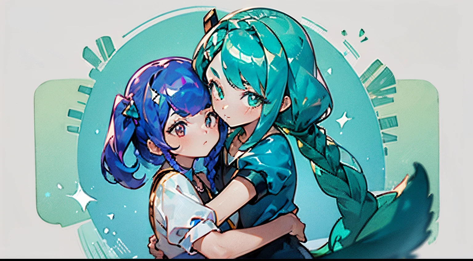 Close-up of two girlfriends with different precious hair, yuri, The first girl has blue hair in a ponytail and pink eyes, the second girl has green-turquoise hair collected in two braids turning into horns and bureaucratic eyes, (((Two girls hugging))), sisters ((in the style of Ichikawa Haruko)), Hauskie no to that, The Land of Gemstones, Original character, ((tmasterpiece)), (((beste-Qualit))), ((ultradetailed)), ((illustartion)), [The light effect of realism], eye shadow, (fantasy style), Simple background, illustartion, 2 girls, sly look, Majestic view (multi-colored hair, Hair gradient, Hair color from blue to peach, without bangs, (Side bangs), curly curl on the cheek, hairstyle: high ponytail, long tail), The eyes are crimson-red, Environment change scene, wide eyes, Lashes, side glance, Crystal hair, Glowing Hair, shirt with collar, galaxy, Additional lighting, uniform, tie, puffy short sleeves, Shorts, Smile, puffy short sleeves, Puffy armbands, Shirt, short sleeve, sparkle, Small flat chest, Girl with two long green pigtails and a happy face, wide eyes, turquoise hair, Turquoise textured hair, Double Long Bangs, Green eyes, (turquoise two pigtails), (braids), ((Two-braid hairstyle)), Two pigtails, turquoise horns