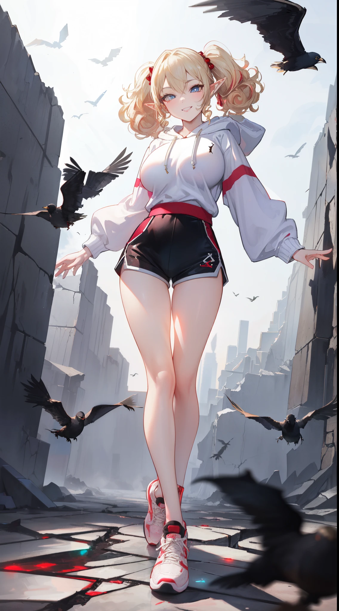 (masterpiece, best quality: 1.3),  (ultra-detailed, cinematic lighting), (illustration), (beautiful detailed face, eyes), ((Elf:1.2), (1girl), (white Blonde, Curly hair, twintails), blue Eyes, (White Hoodie, hot pants), (sneakers, Air Jordan shoes), Tilting Head, light Smile, light pink lips, (Canting (with cheeks), big breast, full body, (no background), (standing on cracked rocks: 1.1), wide angle, medium shot, (cracked architecture), (flying black birds), (all kinds of red jewels), squinting, By Yusuke Murata, Artgerm.