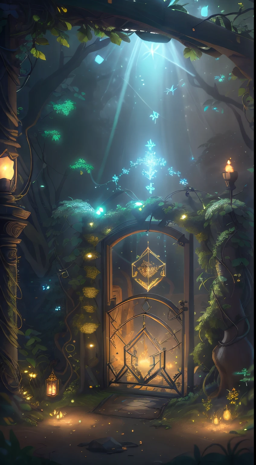 (Digital Artwork:1.3) of (Sketched:1.1) octane render of a mysterious dense forest with a large (magical:1.2) gate (portal:1.3) to the eternal kingdom, The gate frame is designed in a round shape, surrounded by delicate leaves and branches, with fireflies and glowing particle effects, (UI interface frame design), (natural elements), (jungle theme), (square), (leaves) , (twigs), (fireflies), butterflies, (delicate leaves), (glow), (particle effects, light engrave in intricate details, (light particle:1.2), (game concept:1.3), (depth of field:1.3), global illumination,Highly Detailed,Trending on ArtStation