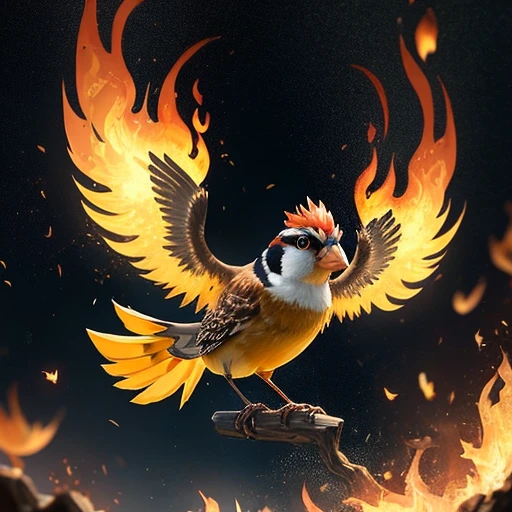 Emberfinch (Fire-type) - First Stage:
Emberfinch, the Fire-type starter Pokémon of the Indovista region, is a fiery and adventurous creature with feathers resembling flames. Its small wings flicker with embers as it moves, giving it an enchanting appearance. Emberfinch is known for its boundless energy and curious nature. Trainers are drawn to its spirited demeanor and the warm glow it emits, resembling a living flame.