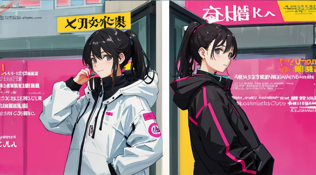 Street style、Colorful shades、Beautuful Women、brushstrokes、Splatter、Urban Art、Black hair ponytail、parka、smil、magazine style