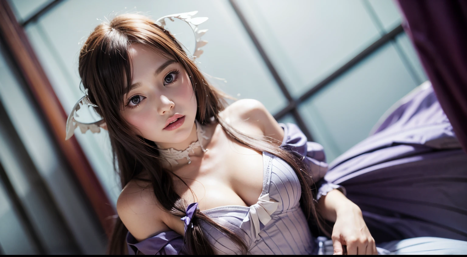 bangs, bare shoulders, blurry, blush, bow, breath, depth of field, dress, female focus, looking at viewer, open mouth, parted lips, purple bow, purple dress, skirt, solo, standing