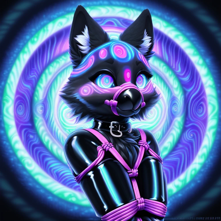 ((Uploaded on furaffinity:1.5), (uploaded on e621:1.5), (latex:1.5) ,anthro, furry, avian, (cinematic lighting), ((detailed background)), (((three-quarter view))), (half body shadow), (happy, wide eyes, cute), [realistic proportions], [explict content], [sharp focus], (questionable content), (shaded), ((masterpiece)), high quality, digital art, drawing, HD 4k, dreamlikeart, lens flare, upper body, looking at viewer, animal focus, furry, nudefursuit, 1girl, cute, kawaii, lovely, fur, fur head, narrow waist, animal ears, paw, paw shoes, ((Hypnosis)), ((Being hypnotized:1.75)), (Hypnotic Spiral eyes), (Hypnotic spiral background), ((bondage:1.75) (Gagged)