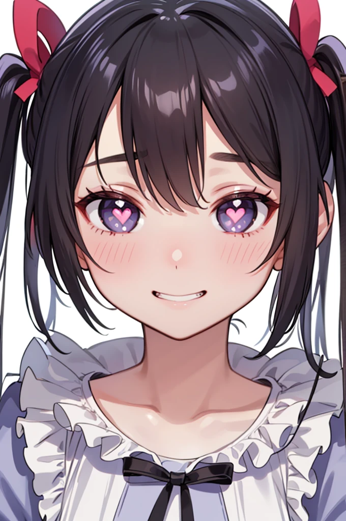 (​masterpiece、top-quality、ultra-detailliert、high-resolution illustrations、Ultra-high-definition CG、8k size wallpaper、offcial art、production art)、Skin quality improvement,((close up of face:1.3)),(only face:1.5)、((Face Focus:1.5))、((close to viewer:1.5))、(frilled dress)、(Gradient Eyes)、(girl with)、(short twintails),(Excited eyes),(Heart shaped pupils:1.2)、(grinning evily),