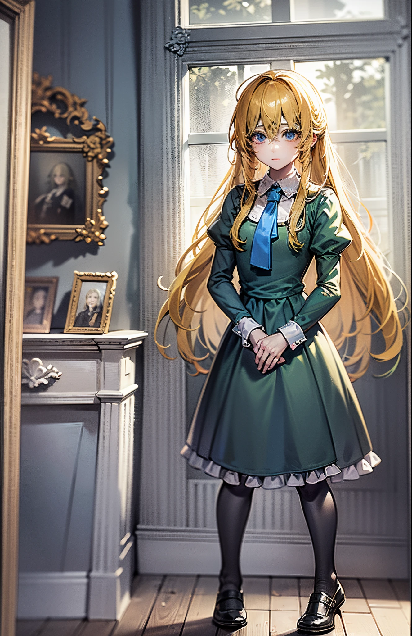 masterpiece,best quality,highly detailed,masterpiece, the anime, anime girl, Anime style, (blue neckerchief), 1girl, yellow hair, darkgreen cloth, long dress blue eyes, (in full height), tights, (shoes), PICTURES, broken paintings, gallery, glass fragments, Broken mirror, mirror fragments, girl in an art gallery