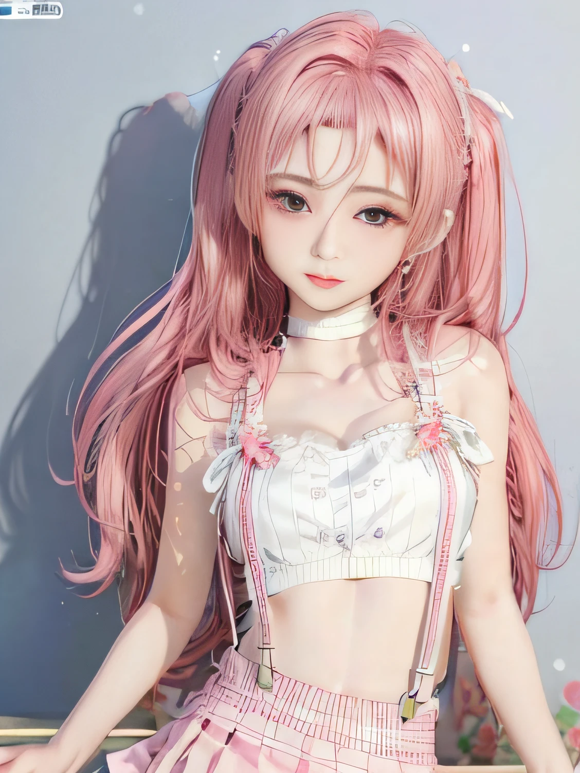 sweet girl,Beautiful and lovely,flower ring,Pink suspenders,Shoulders bare,show your waist,short skirt,A little cleavage,Many colorful bubbles,Sweet face,chibiStyle,There are collarbones,Long white hair,Fluffy,perfect for fingers,delicated face,perfectcg,4k画质,coloredballoons,To the sky,3D artistic rendering,3D art girl,the street ,Newspaper on wall background,Traditional chinese painting,32k ULTRAHD,top-quality,Colorful oil pastels