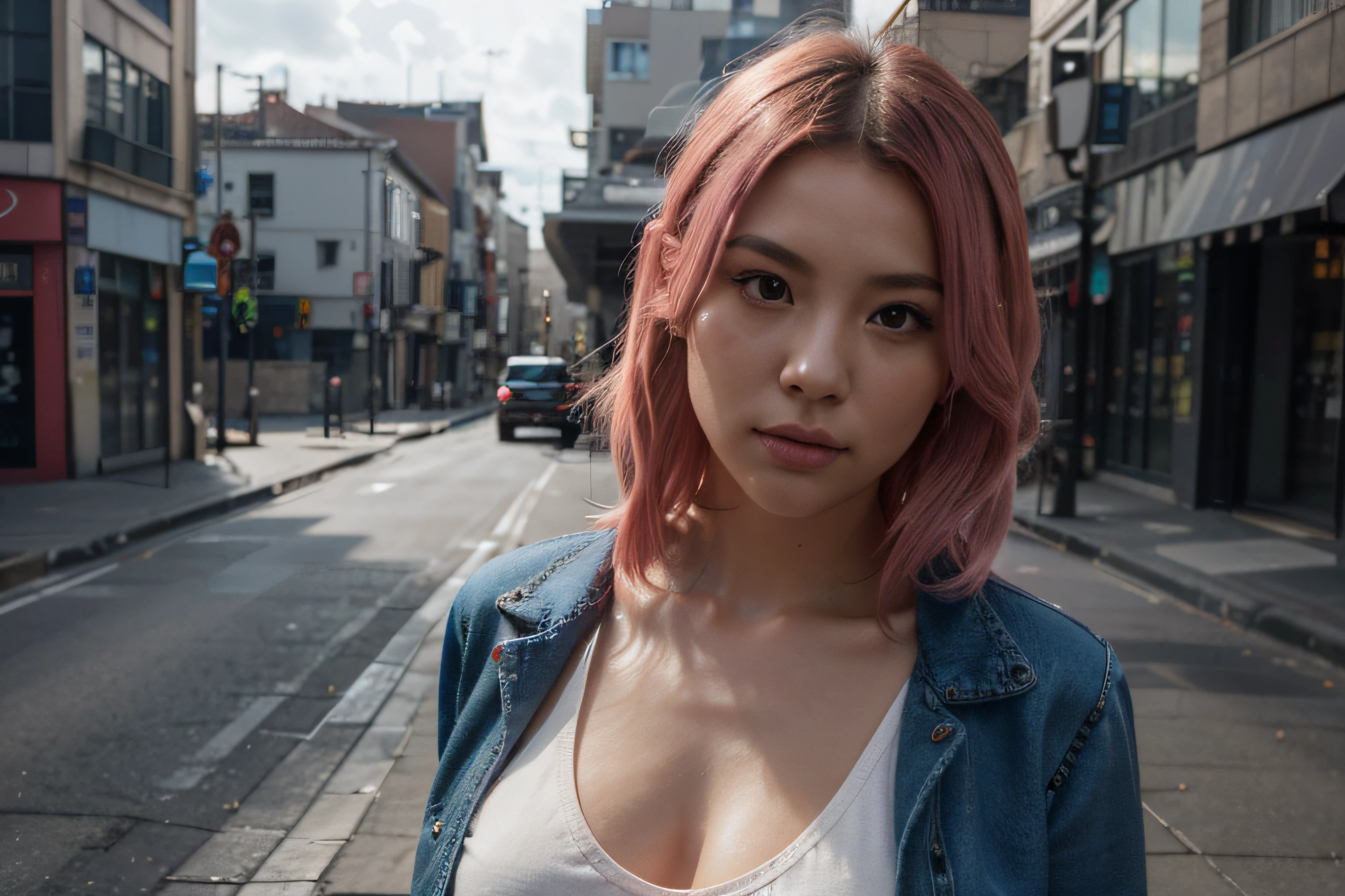 beautiful japanese woman with pink hair using black tank top with denim jacket, detail face, she have a very bright eyes, realistic face, detail face, realistic skin, skin pore, vibrant, dramatic lighting, 8k resolution picture, high detail on the photo, very realistic picture, dramatic lighting, fullbody, depth, shadow, dramatic shadow, high quality, masterpiece, one of a kind photo, sharp photo, sharpness on the detail, looking at viewer, view from front, cleavage, (((Best Quality, 8K, masutepiece: 1.3)), long hair , ultra high res. photorealistic:.1.4, UHD, street background, full body, standing straight to the camera view