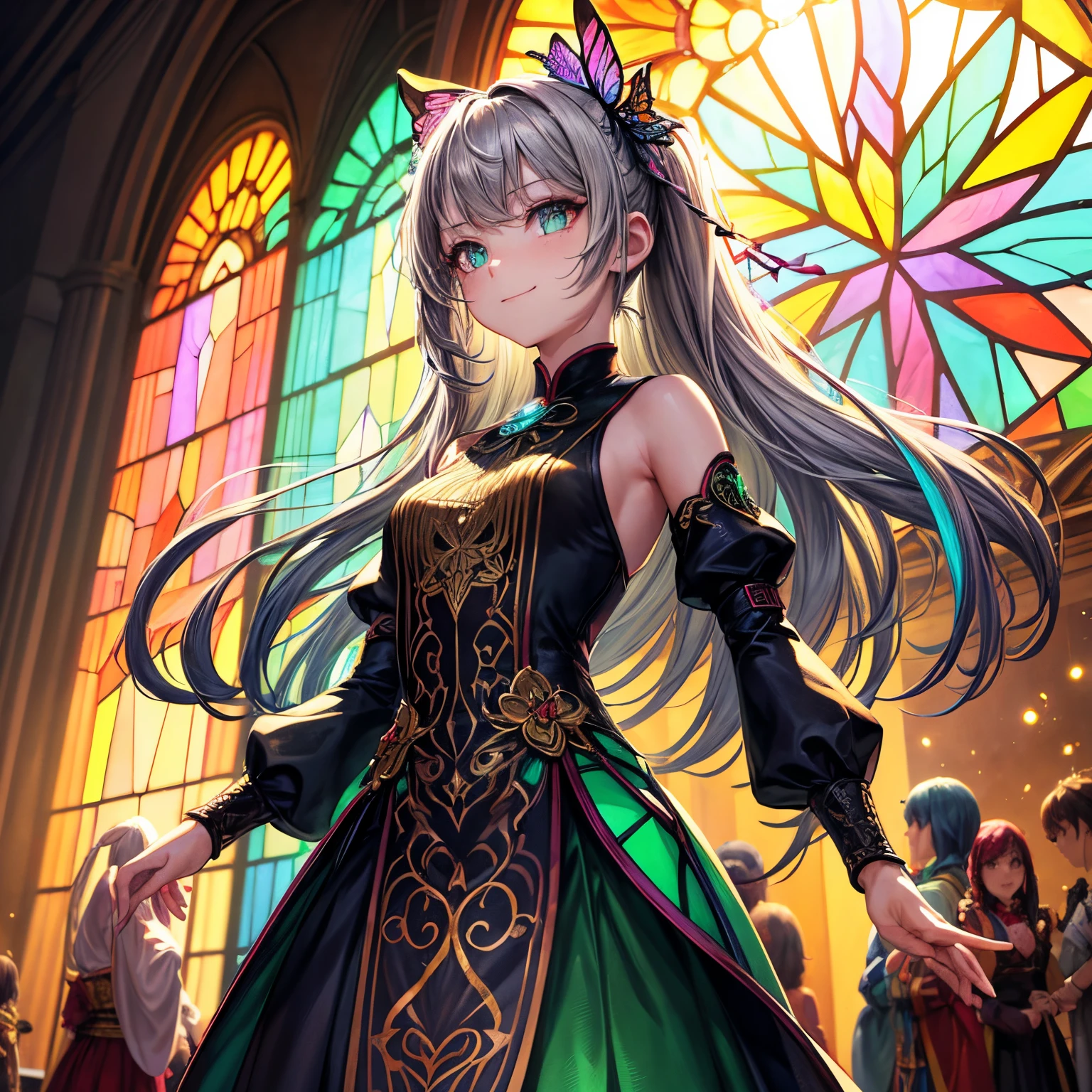1 Sister, tmasterpiece, The content is very detailed, ((电影灯光)), (glowing), ((dramatic lights)), ((Beautiful and detailed light)), Complicated details, lens flare glow, Hair color, rainbow hair, Long gray hair, multicolored dress, butterfly hair ornaments, butterflys, (Light particles), place one's arms behind one's back, [Beautiful curves], , light  smile, Green-eyed, Chis, stained glass, spotlight lights, Deep dark background, strike, strike, looking at viewert,((Colorful))
