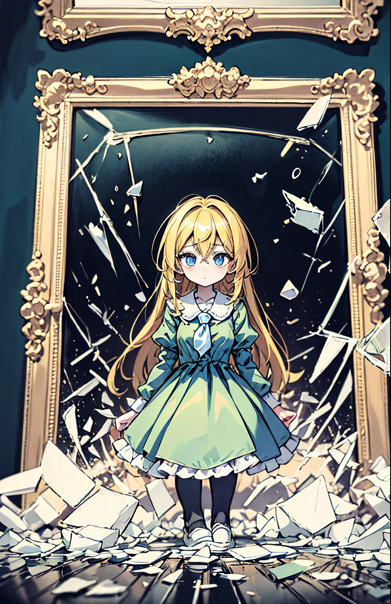 masterpiece,best quality,highly detailed,masterpiece, the anime, anime girl, Anime style, (blue neckerchief), 1girl, yellow hair, darkgreen cloth, long dress blue eyes, (in full height), tights, (shoes), PICTURES, broken paintings, gallery, glass fragments, Broken mirror, mirror fragments, girl in an art gallery