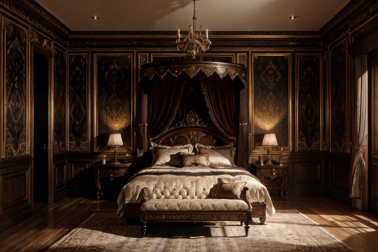 luxurious victorian era gothic bedroom interior detailed walls, rich ornate fabrics, (masterpiece:1.1) (painting:1.1) (weighted lines) (best quality) (detailed) (intricate) (8k) (HDR) (wallpaper) (cinematic lighting) (sharp focus)