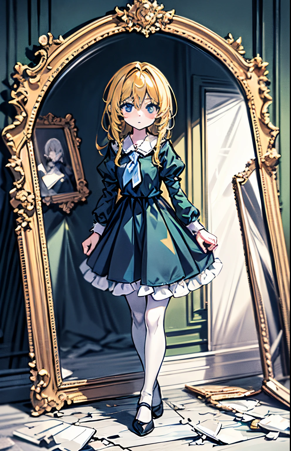 masterpiece,best quality,highly detailed,masterpiece, the anime, anime girl, Anime style, (blue neckerchief), 1girl, yellow hair, darkgreen cloth, long dress blue eyes, (in full height), tights, (shoes), PICTURES, broken paintings, gallery, glass fragments, Broken mirror, mirror fragments, girl in an art gallery