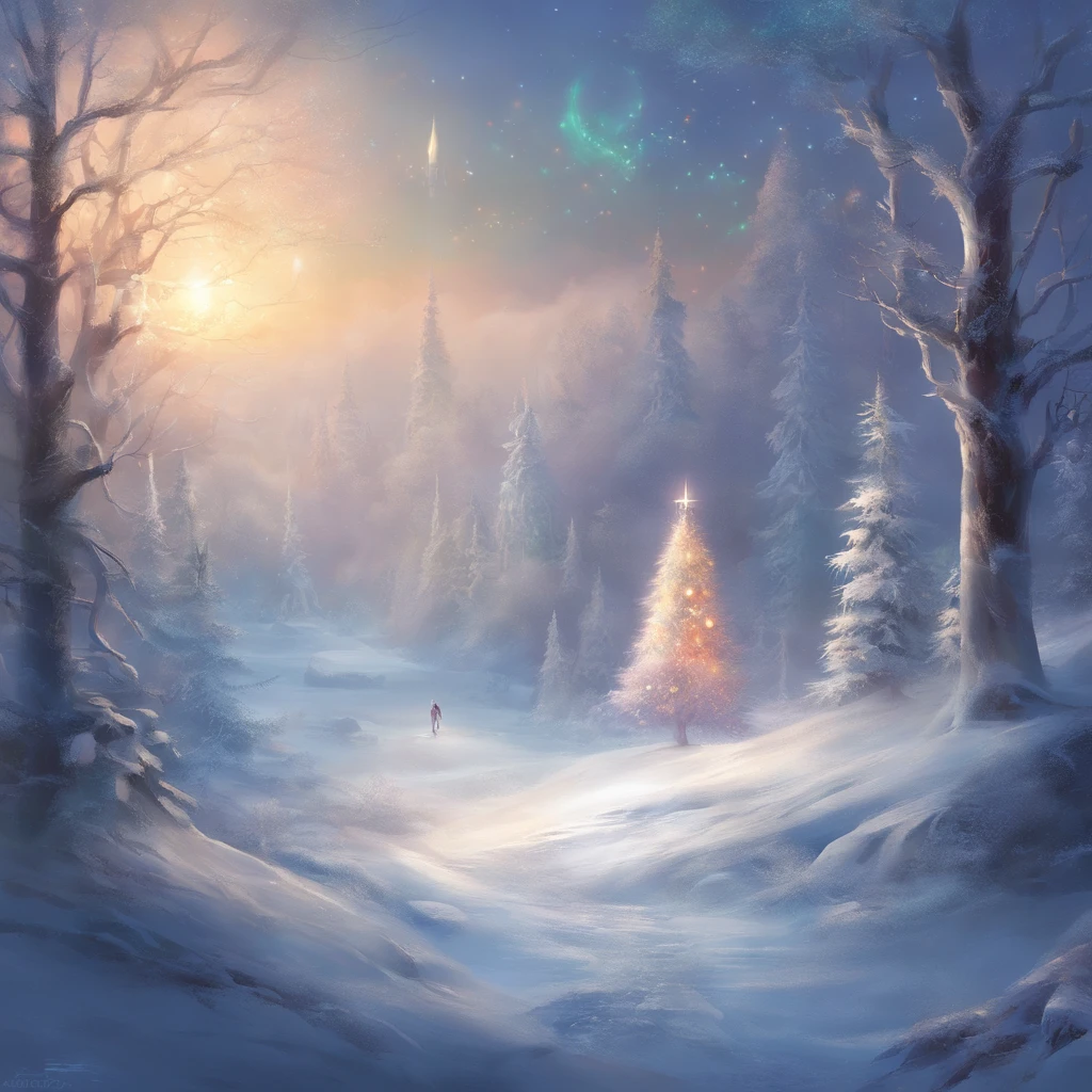 "*image*: no human figures, white Christmas ,Mysterious world, Light , snowy night forest ,Glowing Christmas Tree