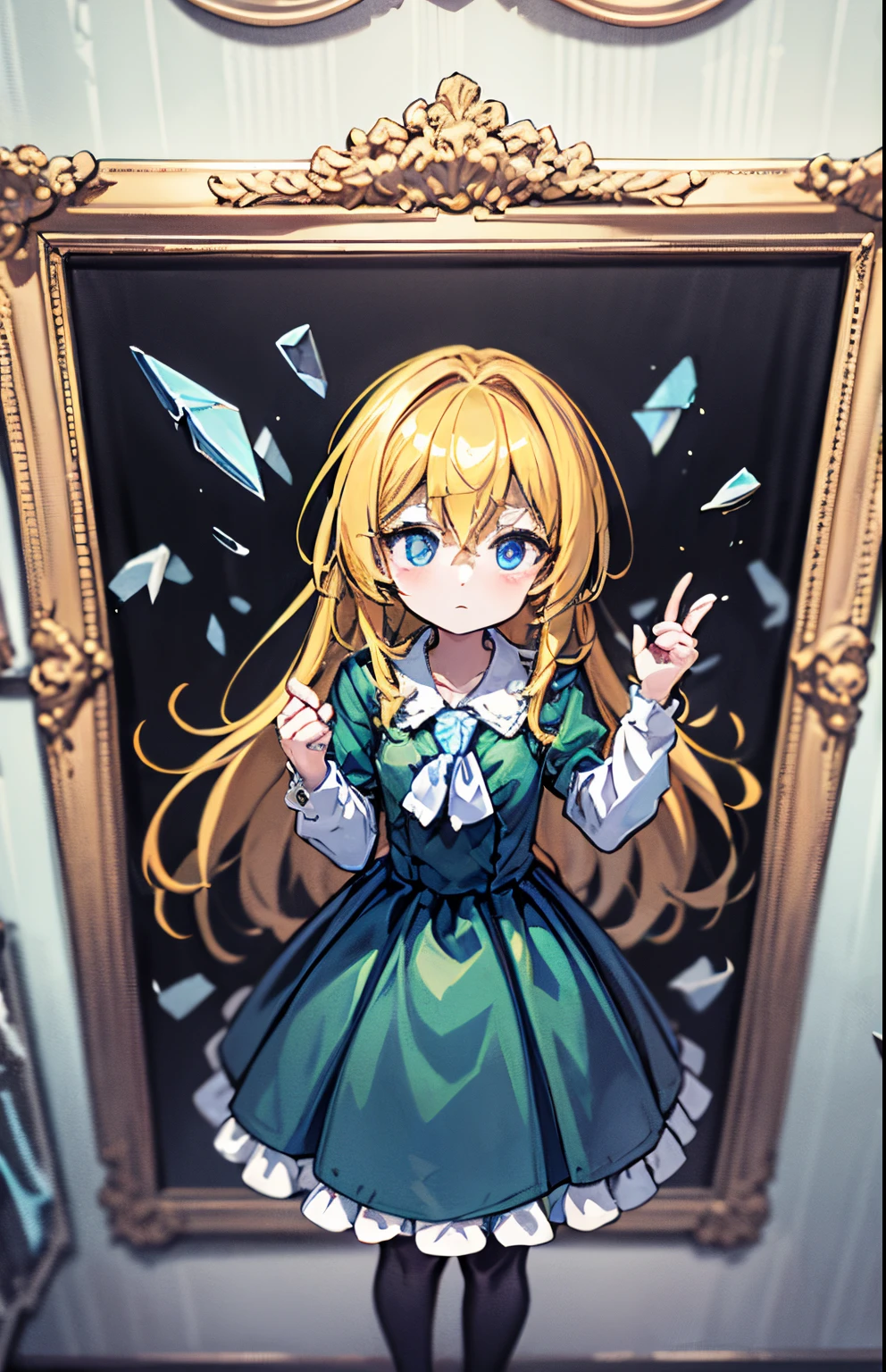 masterpiece,best quality,highly detailed,masterpiece, the anime, anime girl, Anime style, (blue neckerchief), 1girl, yellow hair, darkgreen cloth, long dress blue eyes, (in full height), tights, (shoes), PICTURES, broken paintings, gallery, glass fragments, Broken mirror, mirror fragments, girl in an art gallery