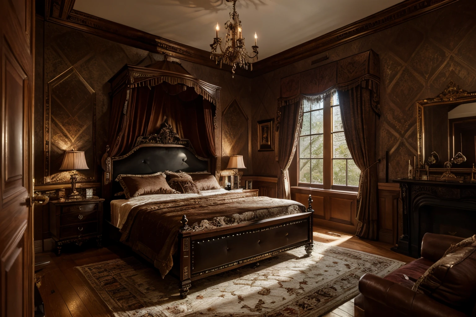 luxurious victorian era gothic bedroom interior detailed walls, rich ornate fabrics, (masterpiece:1.1) (painting:1.1) (weighted lines) (best quality) (detailed) (intricate) (8k) (HDR) (wallpaper) (cinematic lighting) (sharp focus)