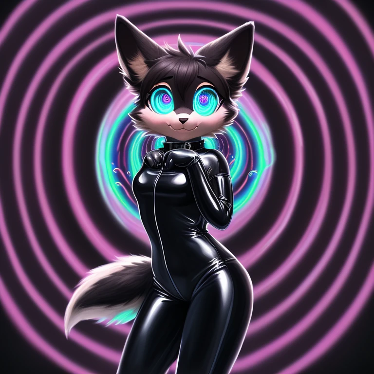 ((Uploaded on furaffinity:1.5), (uploaded on e621:1.5), (latex:1.5) ,anthro, furry, avian, (cinematic lighting), ((detailed background)), (((three-quarter view))), (half body shadow), (happy, wide eyes, cute), [realistic proportions], [explict content], [sharp focus], (questionable content), (shaded), ((masterpiece)), high quality, digital art, drawing, HD 4k, dreamlikeart, lens flare, upper body, looking at viewer, animal focus, furry, nudefursuit, 1girl, cute, kawaii, lovely, fur, fur head, narrow waist, animal ears, paw, paw shoes, ((Hypnosis)), ((Being hypnotized:1.75)), (Hypnotic Spiral eyes), (Hypnotic spiral background), ((bondage:1.75)
