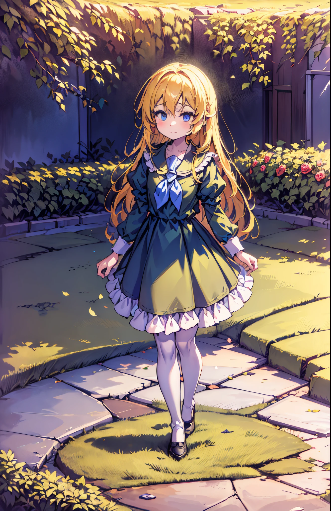 masterpiece,best quality,highly detailed,masterpiece, the anime, anime girl, Anime style, (blue neckerchief), 1girl, yellow hair, darkgreen cloth, long dress blue eyes, (in full height), tights, (shoes), flowers, magic forest, magic trees, night, crumpled weave, bright lush leaves fillet leaves, Border on fabric, roses, Roses in the garden, garden, A Distant Garden, road, path, the trees, Lush Flowers, autumn, Night in town, modern town, Wet weather, dark night, wet grass, autumn leaves, big trees, Urban lawn, Large Soviet Houses, city lights, City Lighting at Night, tall trees, City Square, intricate details, ultra detailed, rim lighting, side lighting, cinematic light, Tulla town in Russia, Tula town in Russia