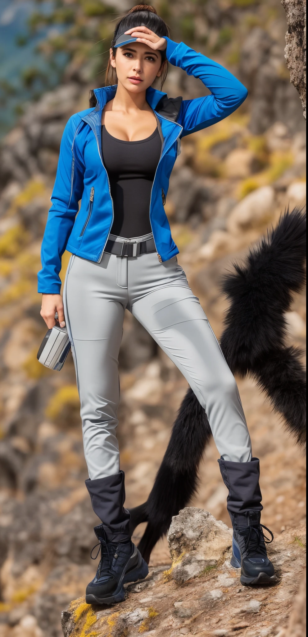araffe woman in blue jacket and gray pants posing on a mountain, tiro de corpo inteiro hiperdetalhado, em roupas! altamente detalhado, blue jeans. irreal 5, roupa azul, Close-up de corpo inteiro, Android 18, Pose casual, roupas de caminhada, corpo inteiro disparado de perto, casaco longo fechado azul skintight, pokemon trainer outfit, Glamorosa Jill Valentine