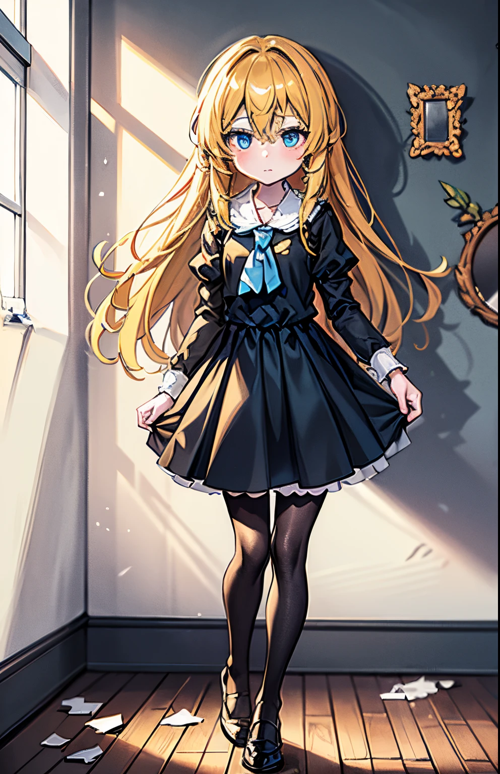 masterpiece,best quality,highly detailed,masterpiece, the anime, anime girl, Anime style, (blue neckerchief), 1girl, yellow hair, darkgreen cloth, long dress blue eyes, (in full height), tights, (shoes), PICTURES, broken paintings, gallery, glass fragments, Broken mirror, mirror fragments, girl in an art gallery