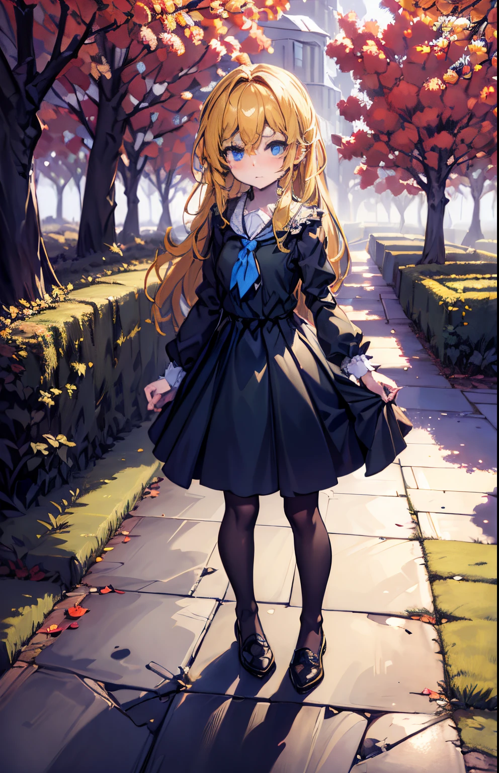 masterpiece,best quality,highly detailed,masterpiece, the anime, anime girl, Anime style, (blue neckerchief), 1girl, yellow hair, darkgreen cloth, long dress blue eyes, (in full height), tights, (shoes), flowers, magic forest, magic trees, night, crumpled weave, bright lush leaves fillet leaves, Border on fabric, roses, Roses in the garden, garden, A Distant Garden, road, path, the trees, Lush Flowers, autumn, Night in town, modern town, Wet weather, dark night, wet grass, autumn leaves, big trees, Urban lawn, Large Soviet Houses, city lights, City Lighting at Night, tall trees, City Square, intricate details, ultra detailed, rim lighting, side lighting, cinematic light, Tulla town in Russia, Tula town in Russia