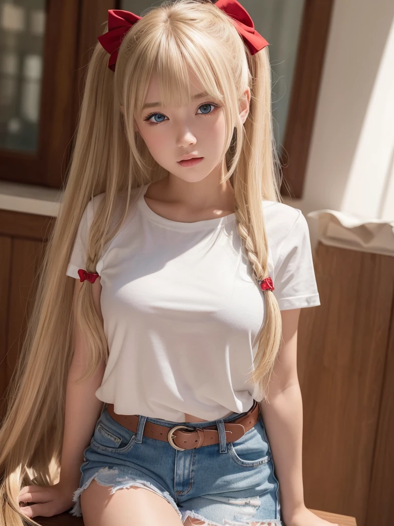 A girl, casual style, sitting , long blonde hair, Left bangs, with pink and white suit , orange skirt, (with pink eyes and cat ears),