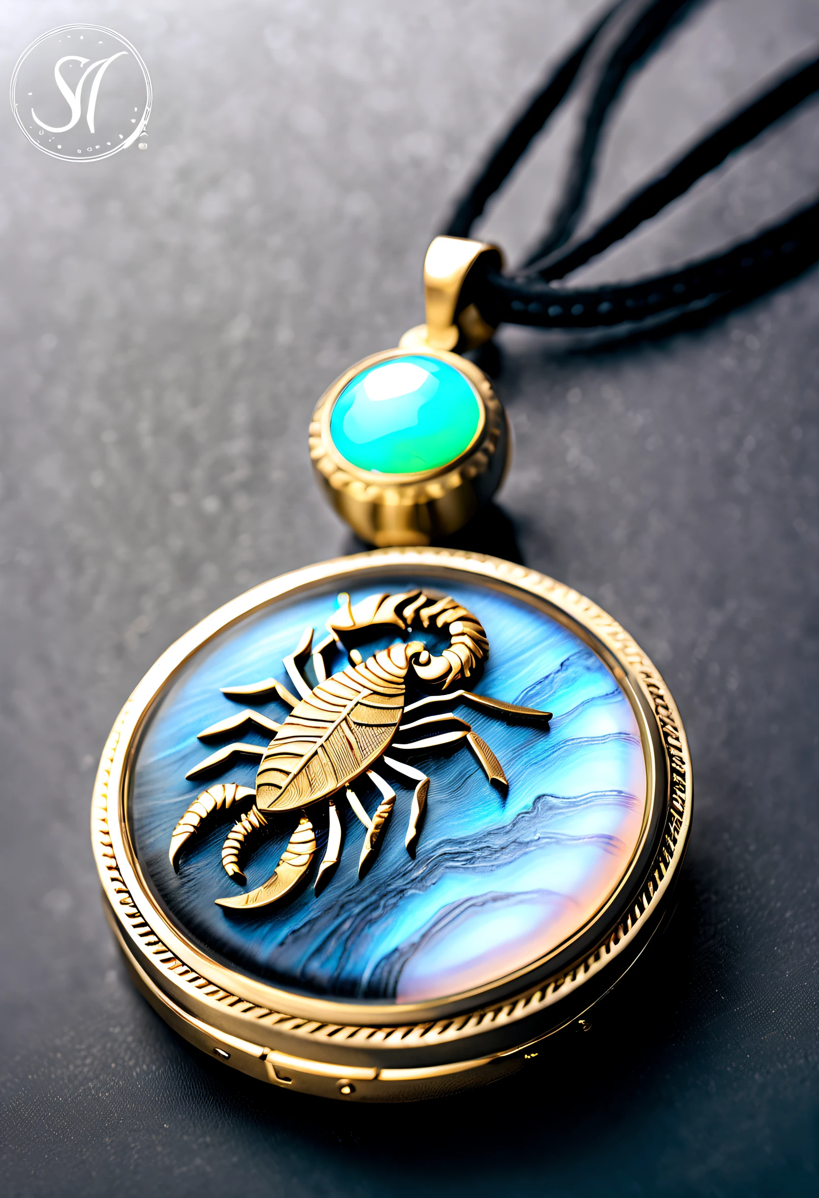 Item design, brand design, logo design,
(A black circular abstract pendant of Scorpio), (engraved with a golden little scorpion), (a double opal: 1.3), (Scorpio's zodiac symbol: 1.2), (pendant with Cindy Xu letters engraved on the side), (black leather rope), (black gold border: 1.1), frosted craftsmanship, geometric patterns, black stones, exquisite and complex structures, Bohemian style, Van Cleopard, Cartier,
Background: White, jewelry photography, ultra-high definition, high quality,