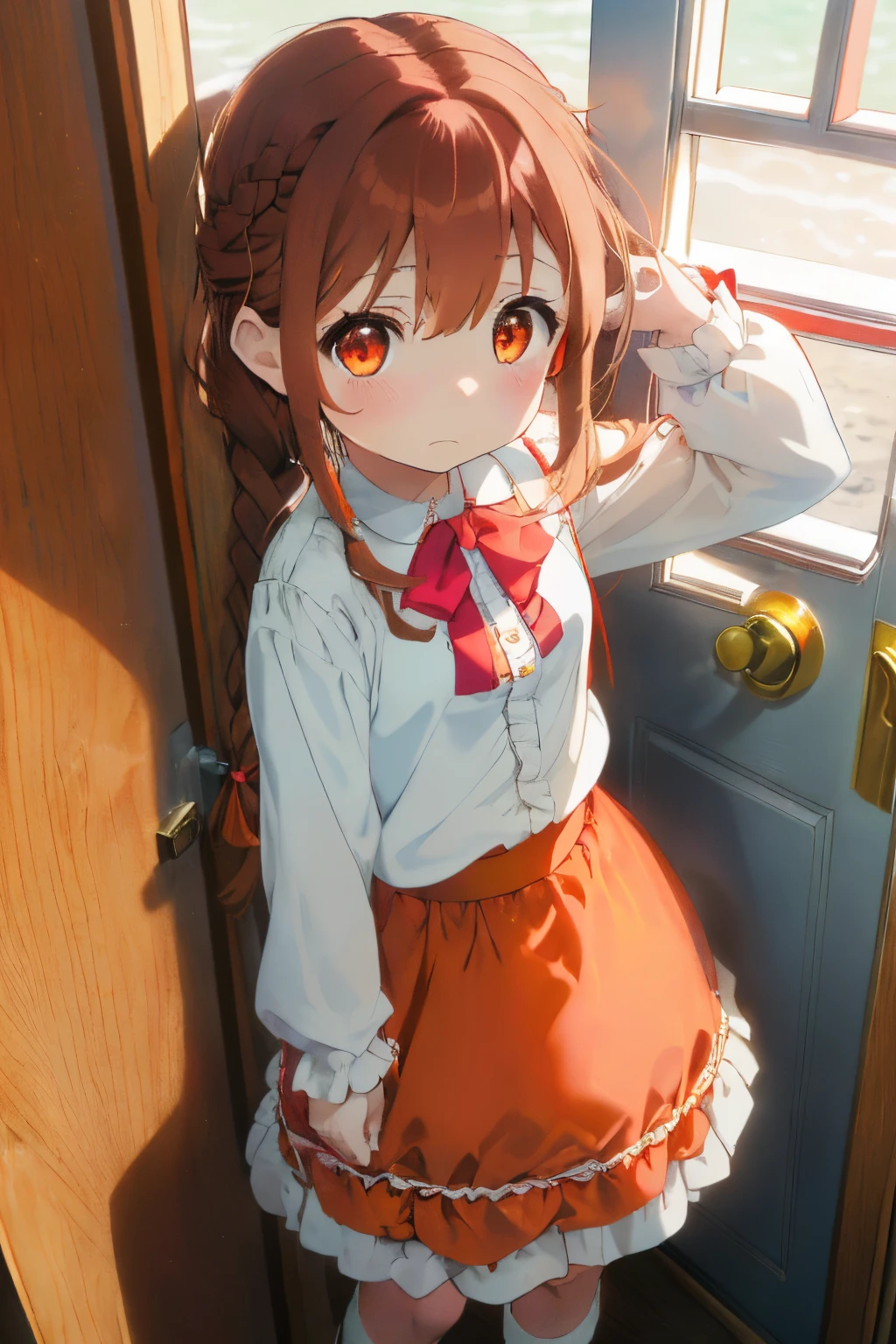 ((sunny afternoon)),(Bright sunlight),Long hair with soft volume,Brown hair,(Braided shorthair),Slightly red tide,Red ribbons,(Orange Eyes),((pure white long sleeve blouse)),(Pink and light blue fluffy ruffle skirt),(Girls 10 and under),I put my hand on the door and look at you,(Anxious face),Kamimei,((Short stature)),((child))