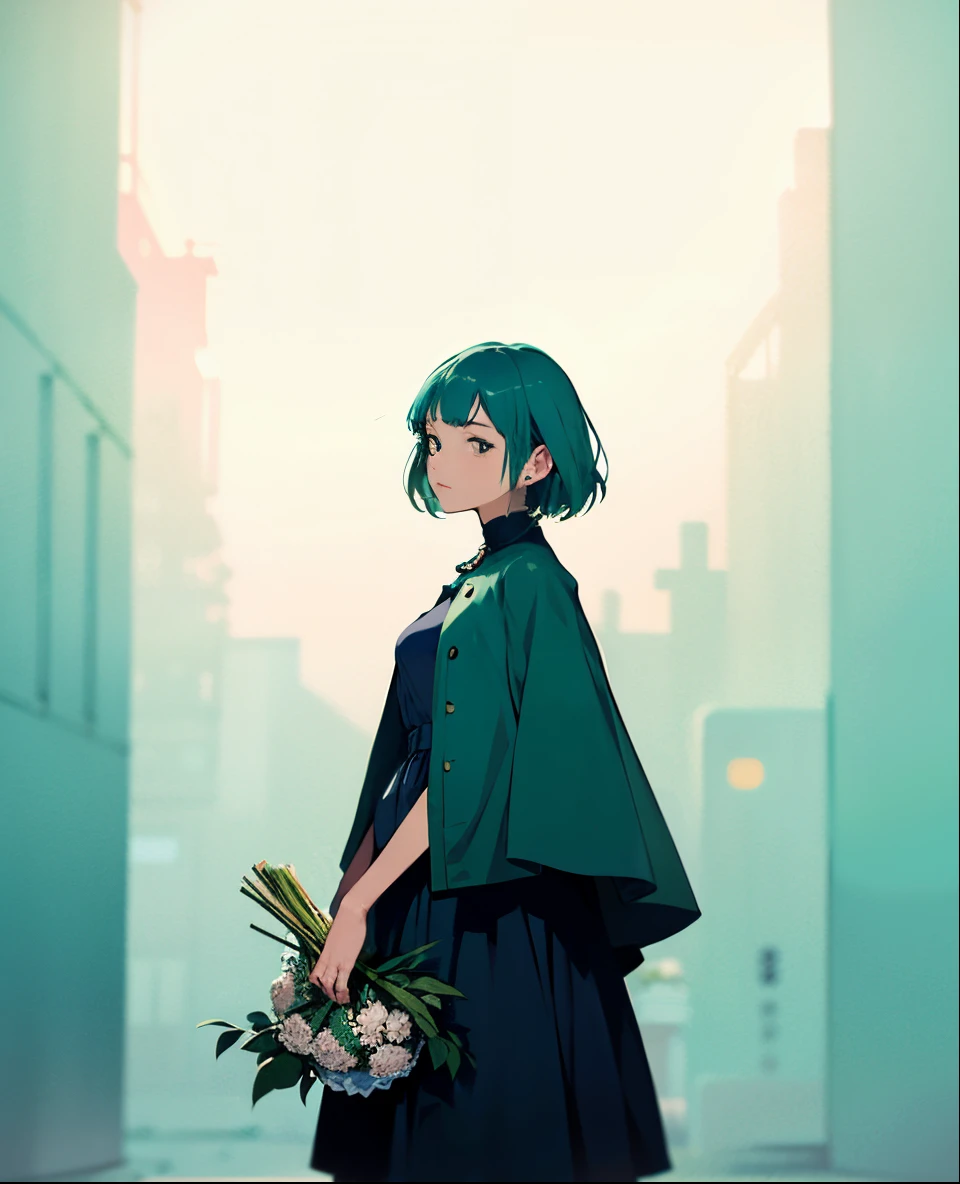 a woman standing in front of a white wall holding a bouquet, with short hair, lofi girl, with ivy, with teal clothes, with flowers, low quality photo, with cape, green clothes, photoshoot, smooth in _ the background, lofi girl aesthetic, 🤤 girl portrait, aesthetic!!, dressed with long fluent clothes, casual pose, simple aesthetic