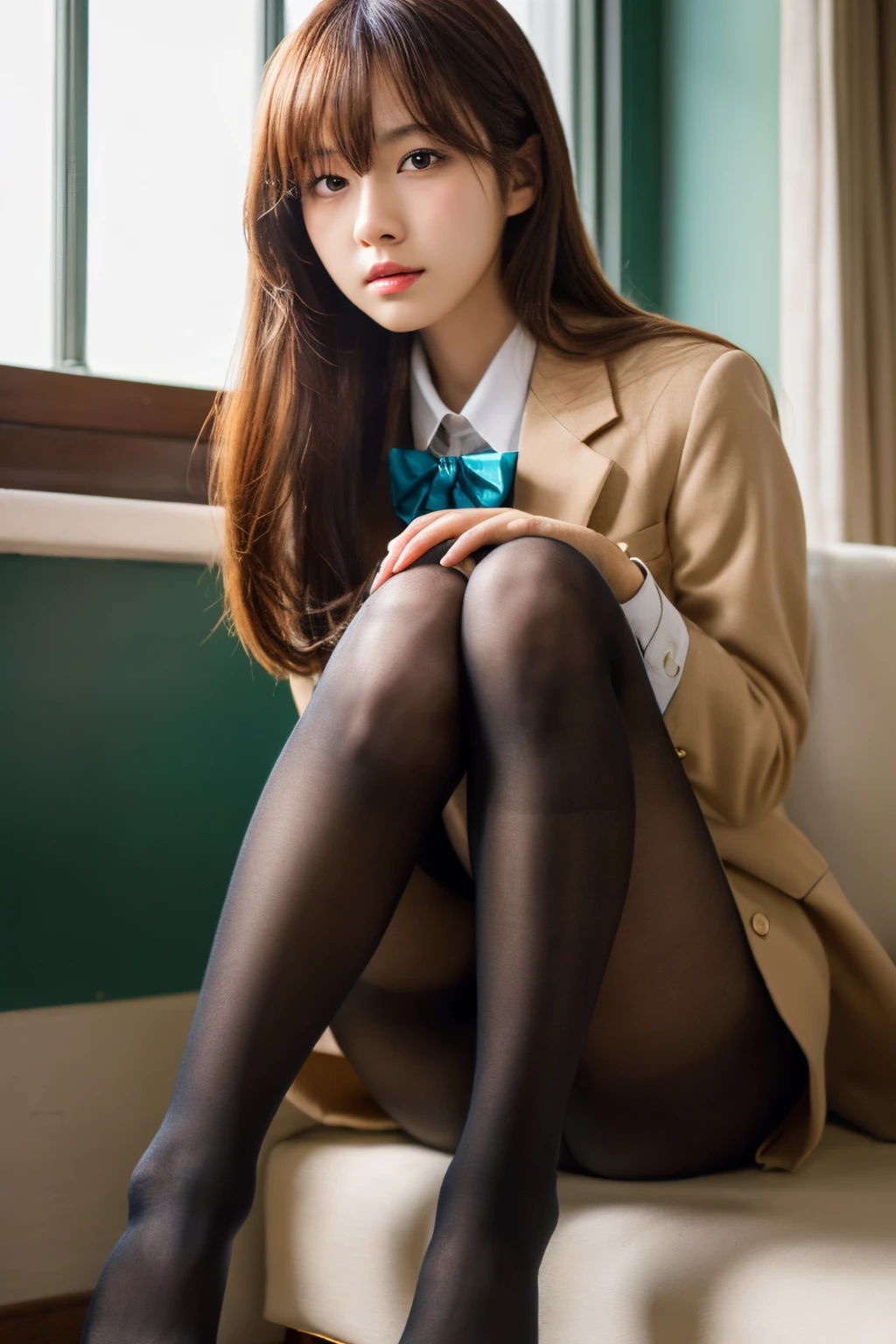 ulzzang-6500-v1.1, (raw photo:1.2), (photorealistic:1.4), beautiful detailed girl, very detailed eyes and face, beautiful detailed eyes, ridiculous, incredibly ridiculous, huge file size, super detailed, high resolution, very detailed, best quality, masterpiece, kemomimi, ((Japanese girls' high school uniform)), illustration, very detailed, CG, unified, 8k wallpaper, amazing, Fine details, masterpiece, best quality, very detailed CG uniform 8k wallpaper, light on face, cinematic lighting, 1girl, , (()), ((dynamic pose))), (((camel toe))), (half), ((pantyhose)), (knee-bending leg sitting))