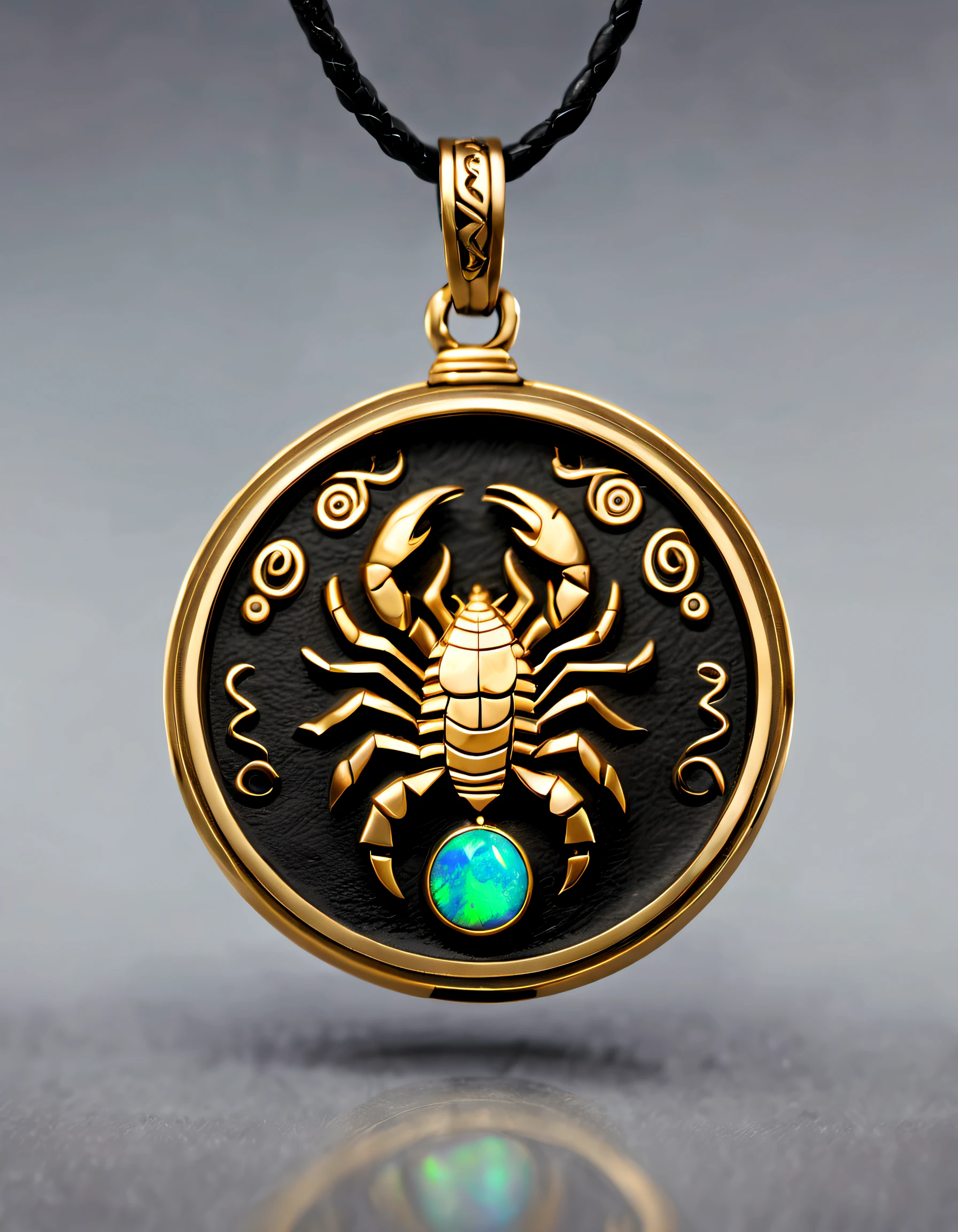 Item design, brand design, logo design,
(A black circular abstract pendant of Scorpio), (engraved with a golden little scorpion), (a double opal: 1.3), (Scorpio's zodiac symbol: 1.2), (pendant with Cindy Xu letters engraved on the side), (black leather rope), (black gold border: 1.1), frosted craftsmanship, geometric patterns, black stones, exquisite and complex structures, Bohemian style, Van Cleopard, Cartier,
Background: White, jewelry photography, ultra-high definition, high quality,