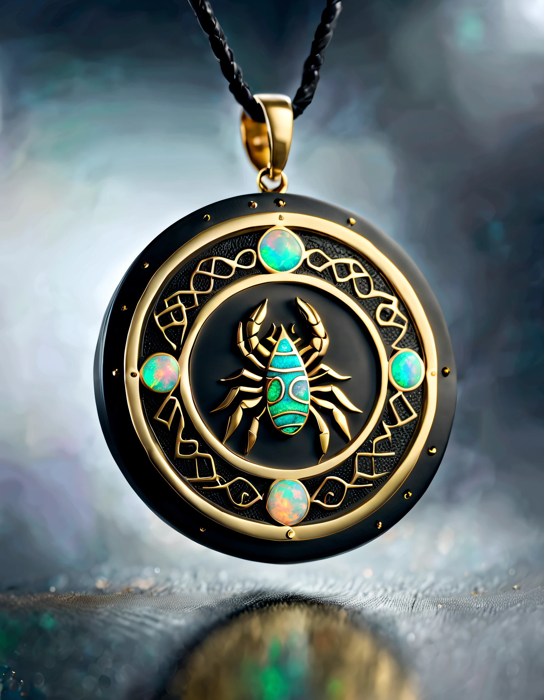 Item design, brand design, logo design,
(A black circular abstract pendant of Scorpio), (engraved with a golden little scorpion), (a double opal: 1.3), (Scorpio's zodiac symbol: 1.2), (pendant with Cindy Xu letters engraved on the side), (black leather rope), (black gold border: 1.1), frosted craftsmanship, geometric patterns, black stones, exquisite and complex structures, Bohemian style, Van Cleopard, Cartier,
Background: White, jewelry photography, ultra-high definition, high quality,
