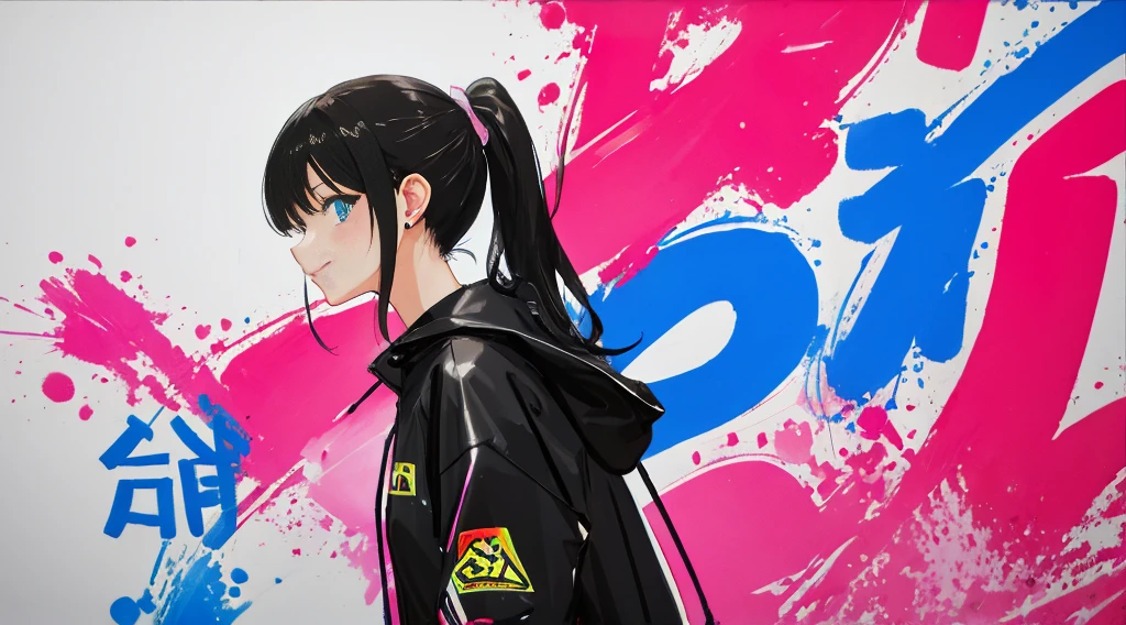 Street style、Colorful shades、Beautuful Women、brushstrokes、Splatter、Urban Art、Black Hair Ponytail、raincoat、smil